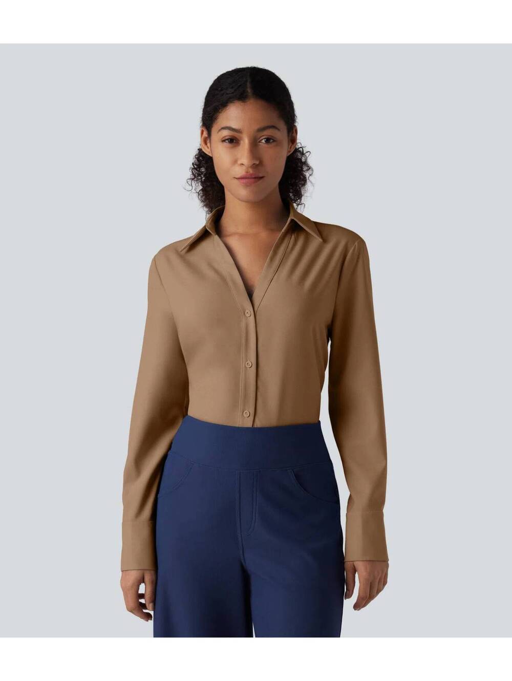 Halara V-neck Long Sleeve Work Chiffon Shirt Brown Size Medium